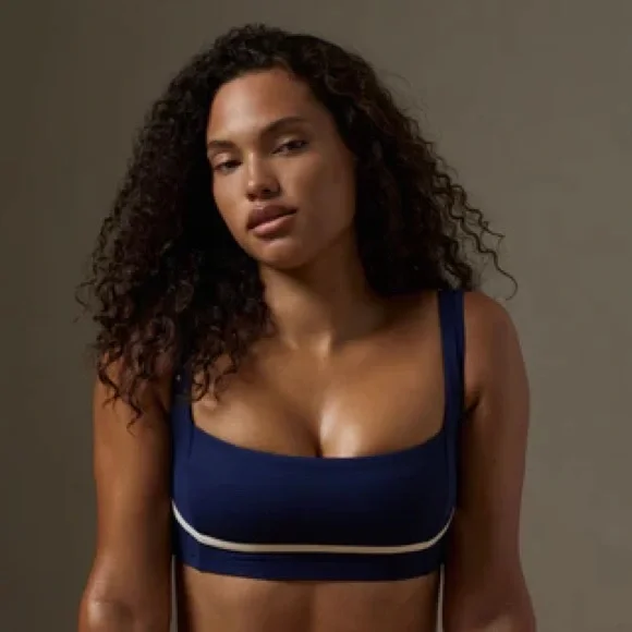 Monday Swimwear Navy Sports Bra with Cream Contrast Trim - Picture 1 of 4
